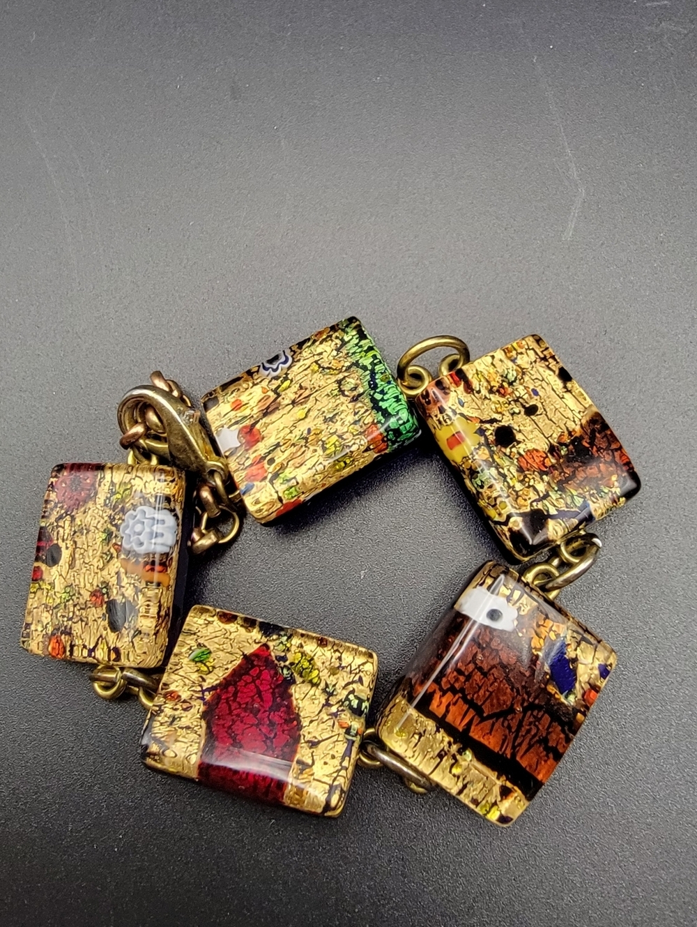Vintage Venetian Murano Glass Tile Bracelet - Shimmering Gold Foil & Millefiori